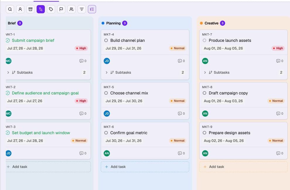Jaggle.AI Kanban view for the Atlas Product Launch with brief, planning, and creative campaign stages.