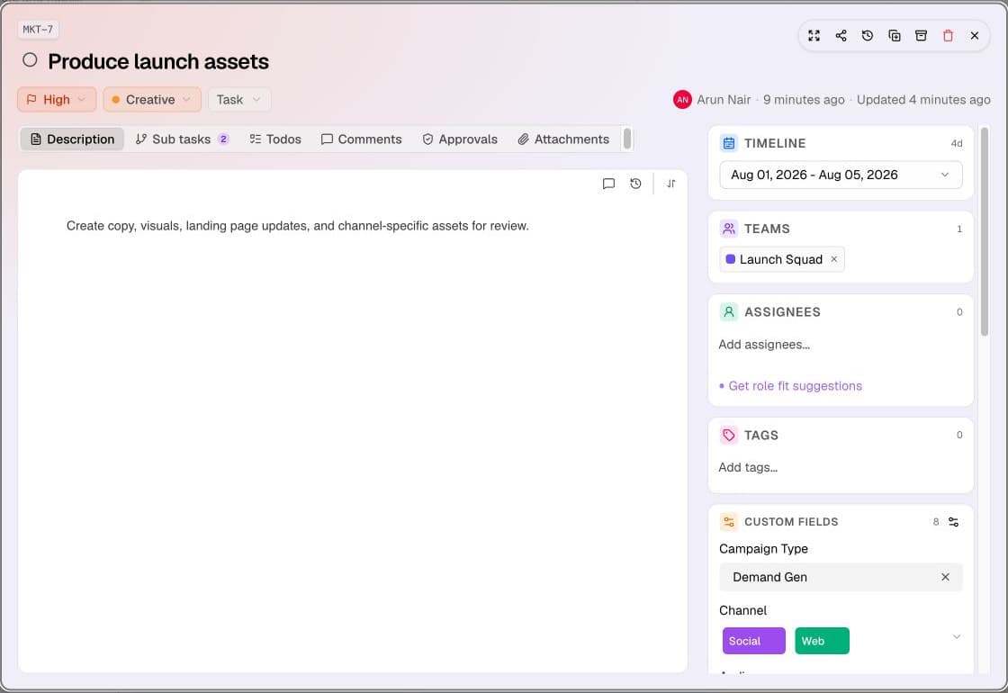 Jaggle.AI task detail for producing launch assets, showing the description, timeline, team, and project fields.