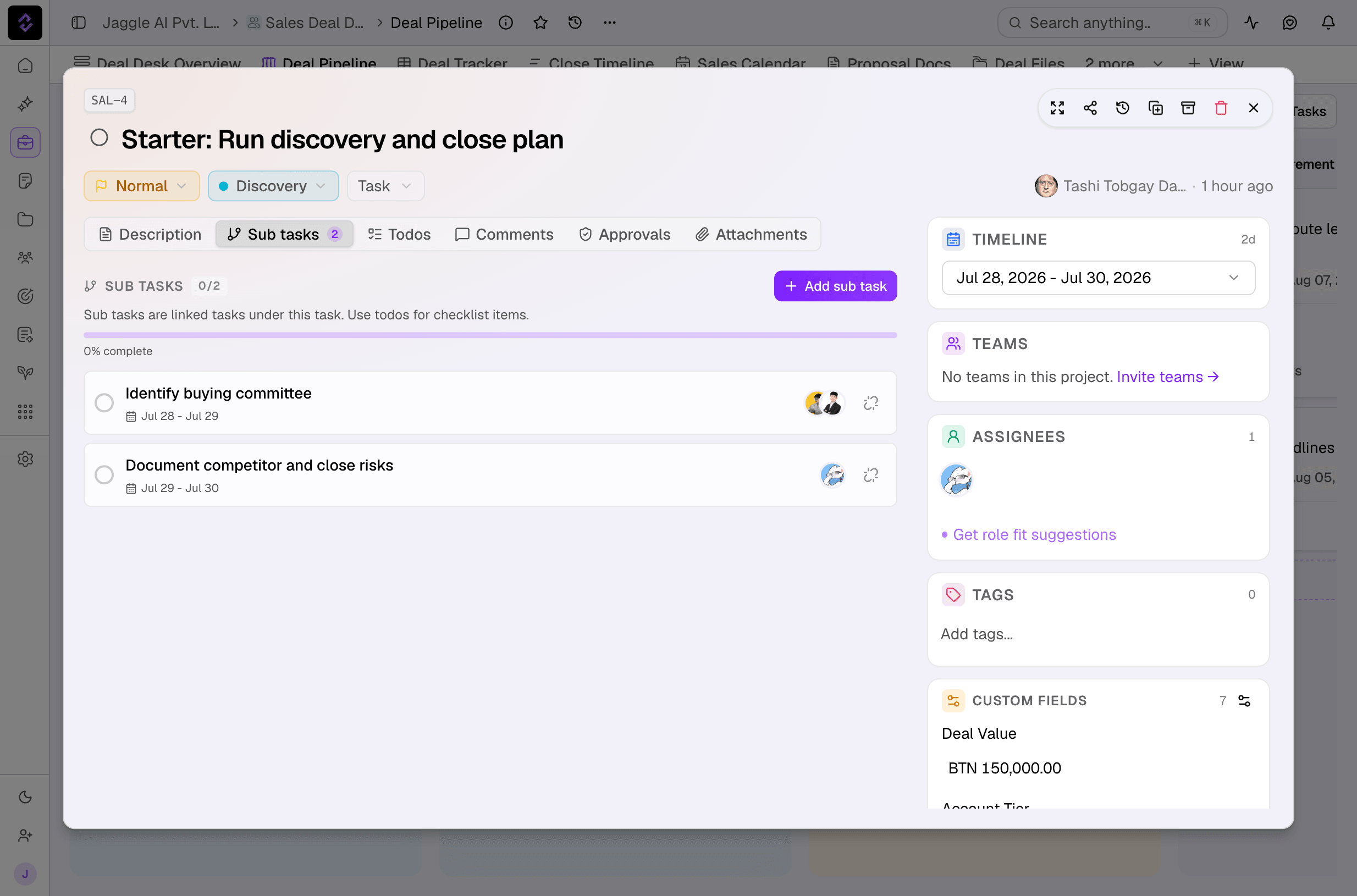 Jaggle.AI task detail showing subtasks, timeline, assignees, tags, and custom fields